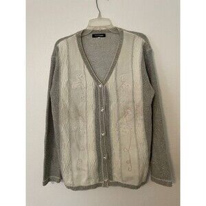 T-C Fashion Cardigan Women XL Gray Striped Button Up Long Sleeve Knit